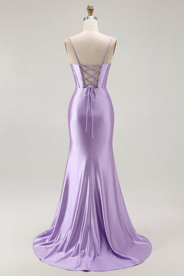 Sparkly Purple Mermaid Corset Ruched Long Formal Dress with Ruffled Slit